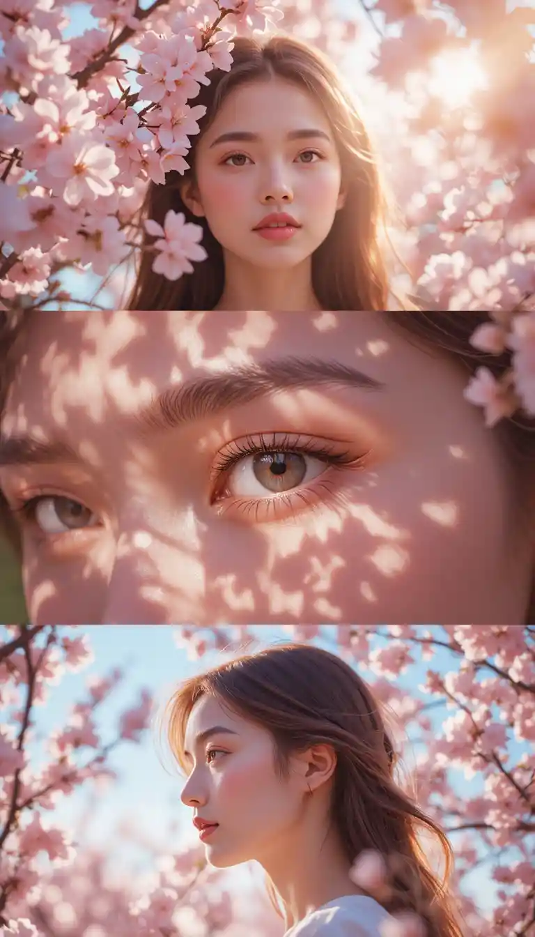 Girl among blooming sakura in dreamy spring triptych portrait