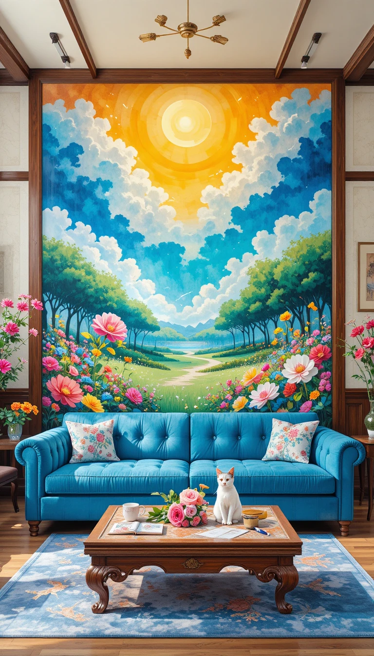 Sunny watercolor living room with giant blue sofa and flowers
