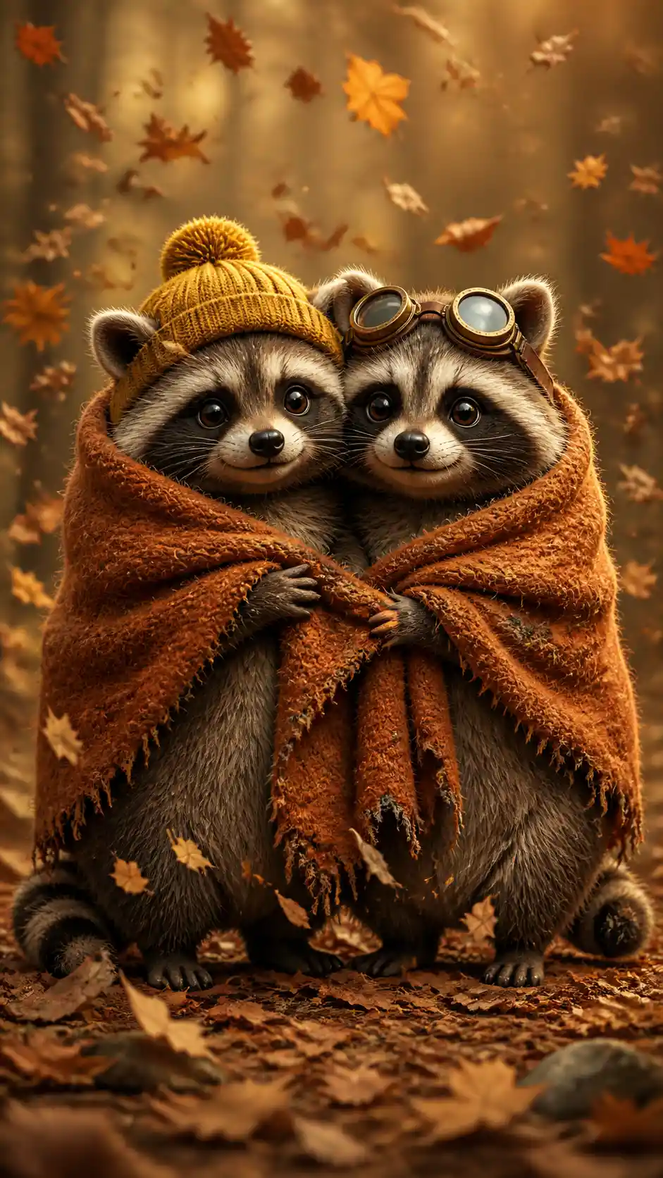 Two fluffy raccoons sharing a blanket in autumn leaves