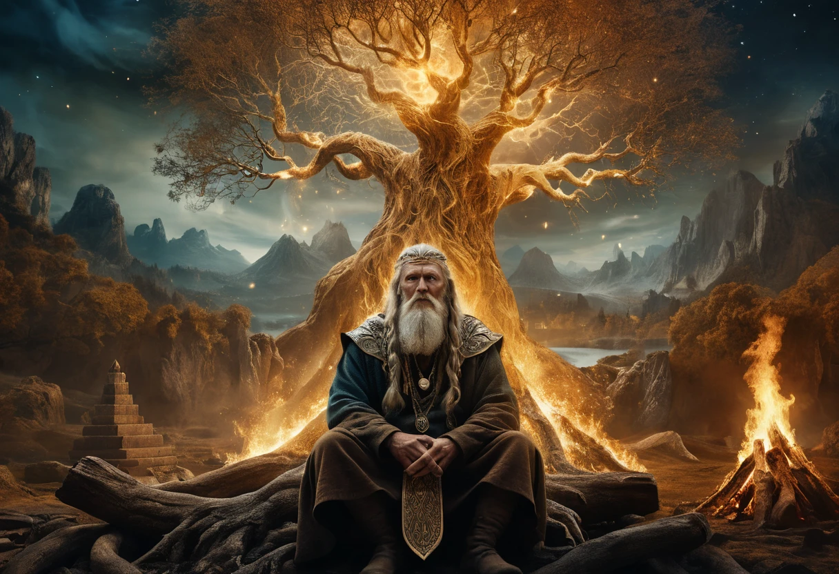 Old Norse wanderer between twin fires in a mystical realm