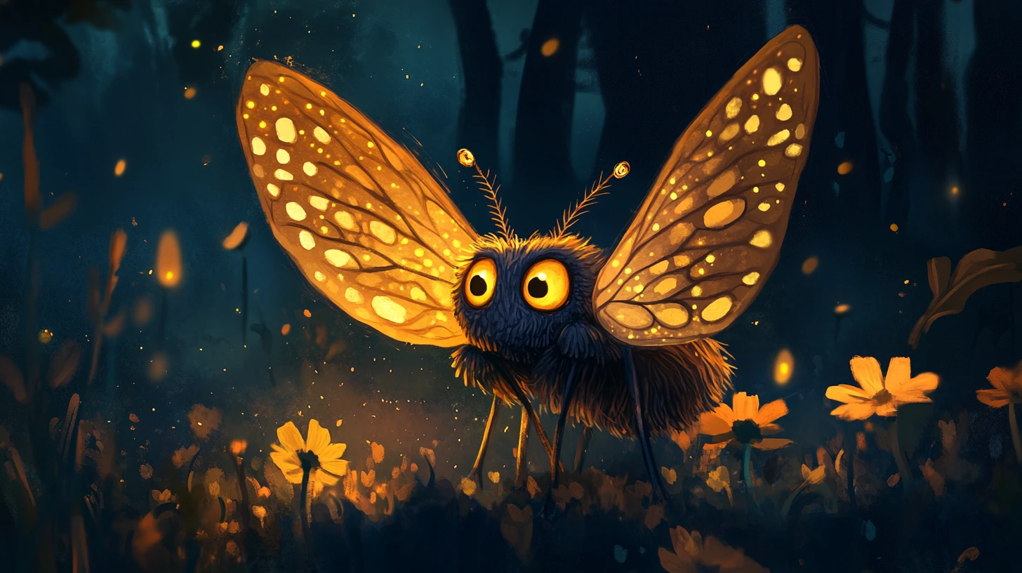 Cute fantasy moth with velvet wings among night flowers