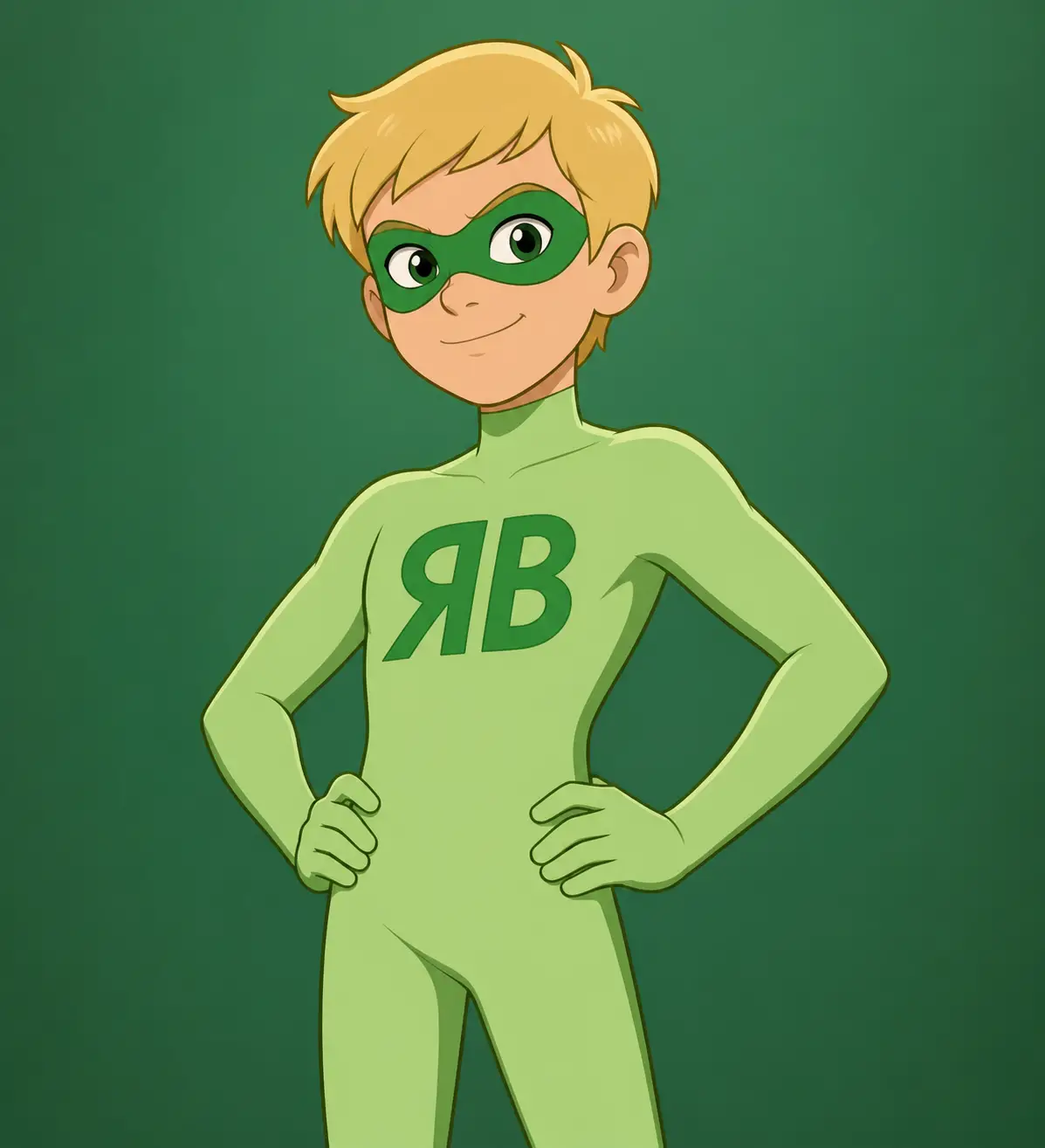淺綠色緊身衣的金髮橡膠男孩超級英雄