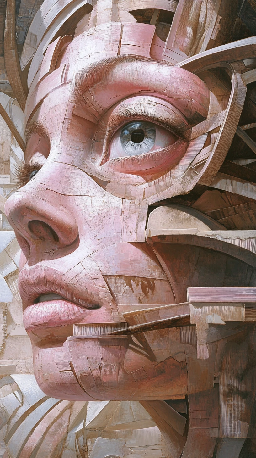 Surreal mixed media painting with large hypnotic eyes