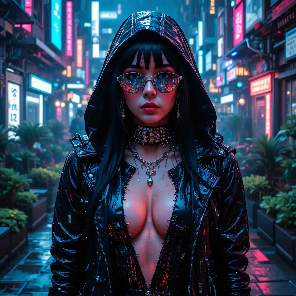 Donna cyberpunk che si dissolve in glitch al neon in giardino urbano