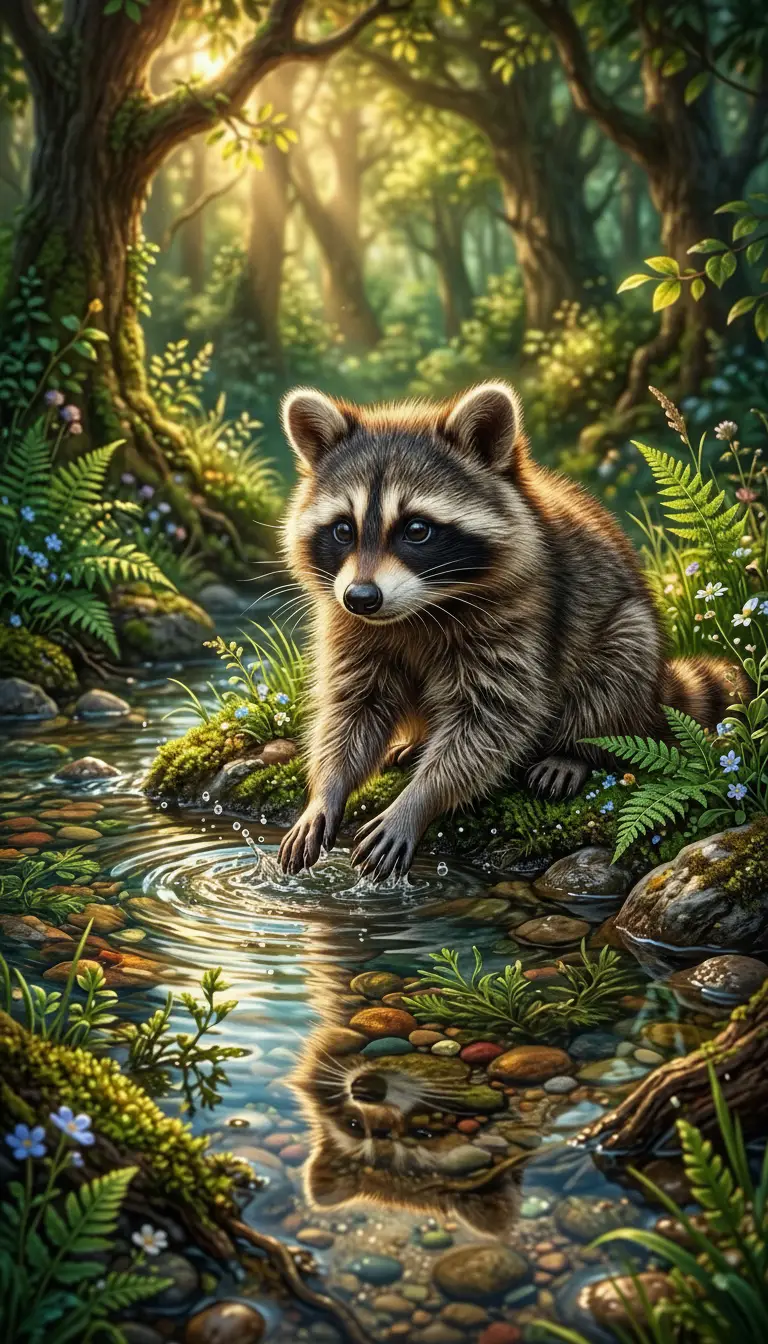 Cute raccoon playing in shallow forest stream close up