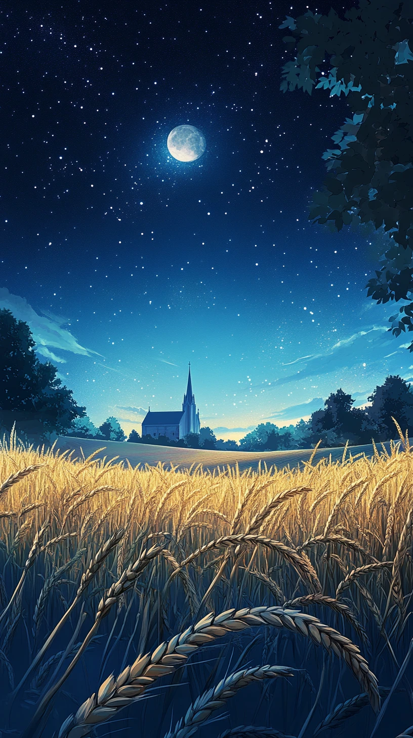 Moonlit cathedral beyond a softly blurred wheat field