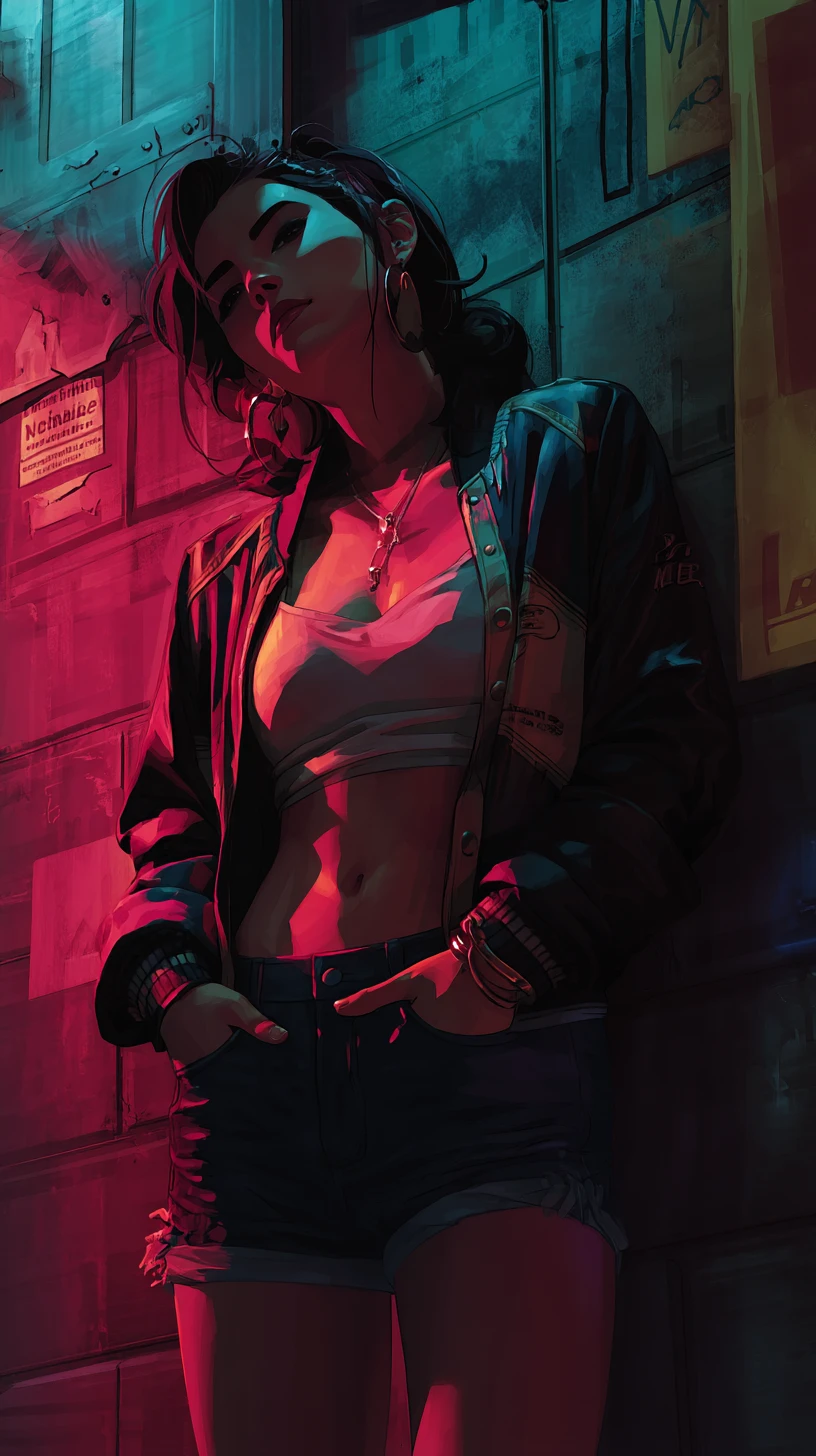 Confident woman leaning against a wall in neon city