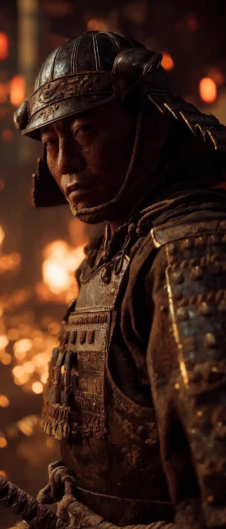 낡은 갑옷을 입은 노 samurai의 극적인 연기 클로즈업