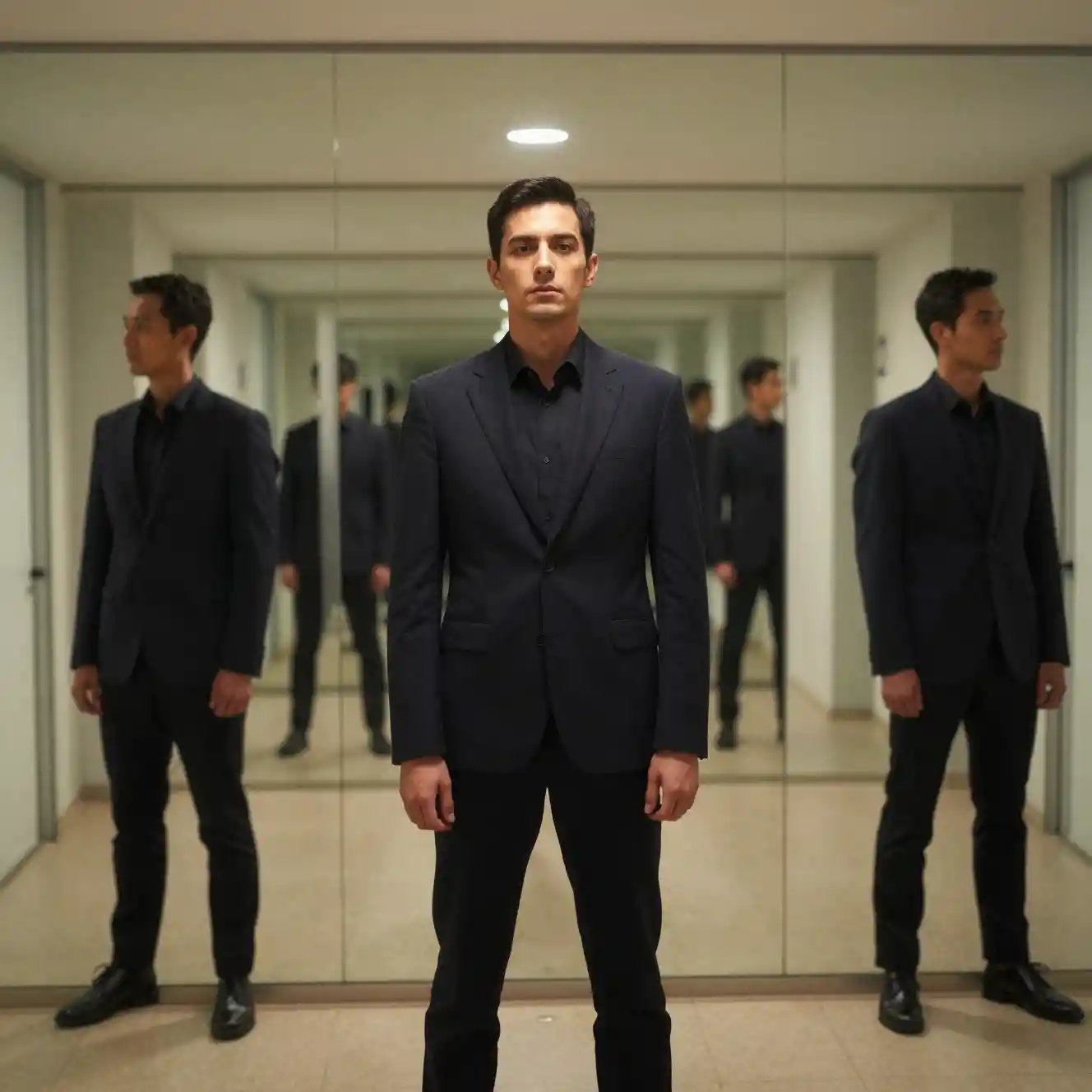Endless mirrored hallway with a looming figure behind