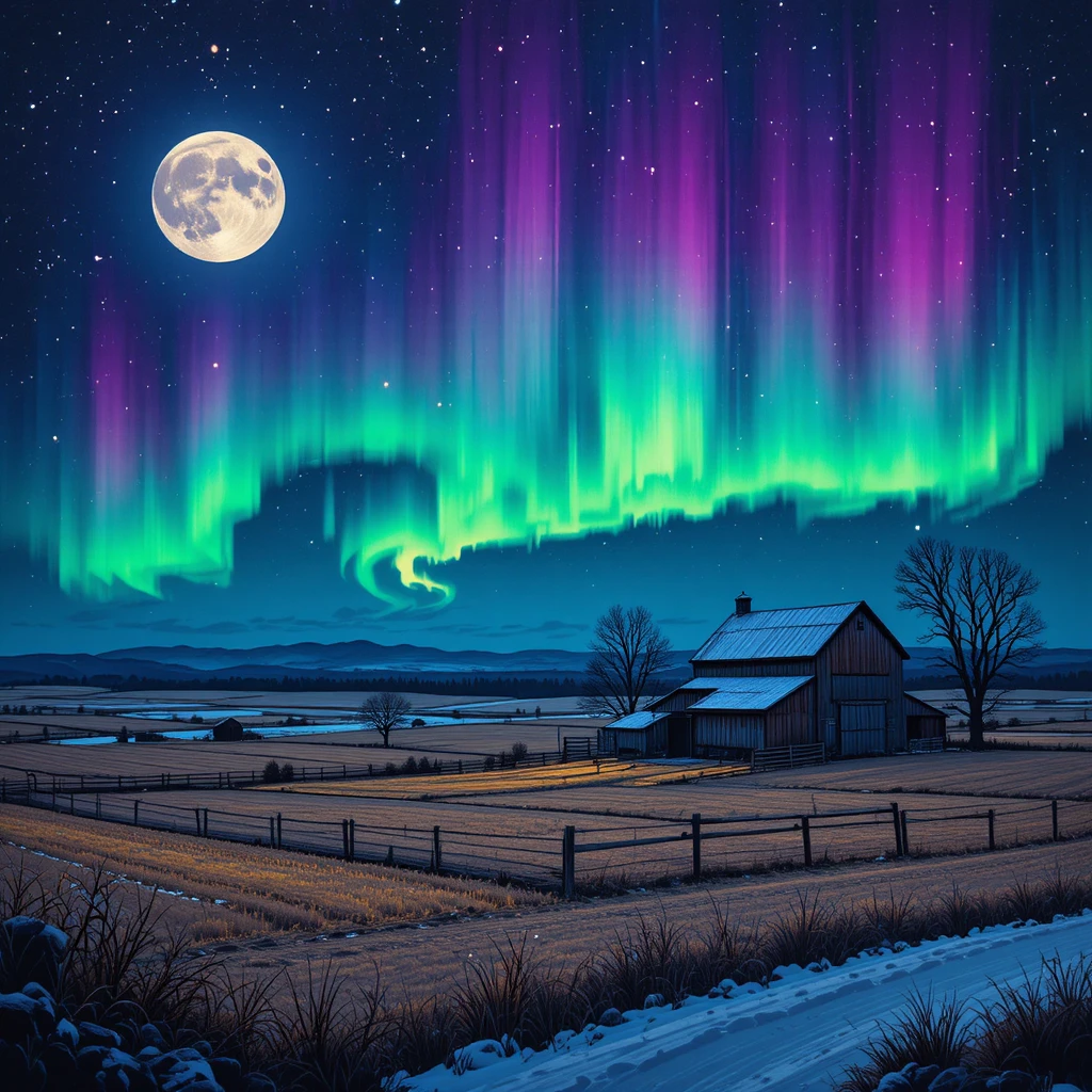 Moonlit Saskatchewan farm beneath aurora filled winter sky