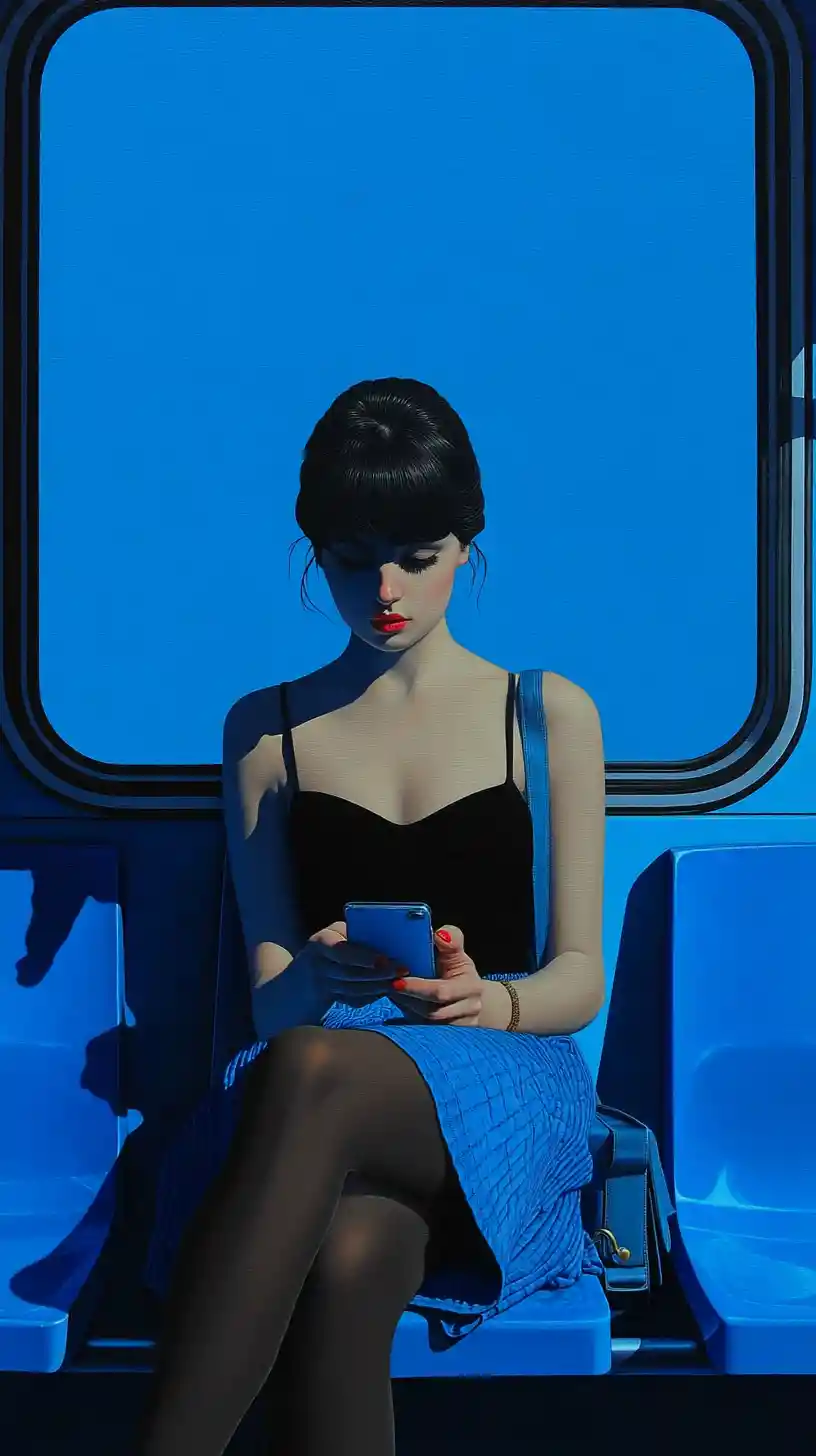 Woman on a morning bus gazing at her phone in sunlight