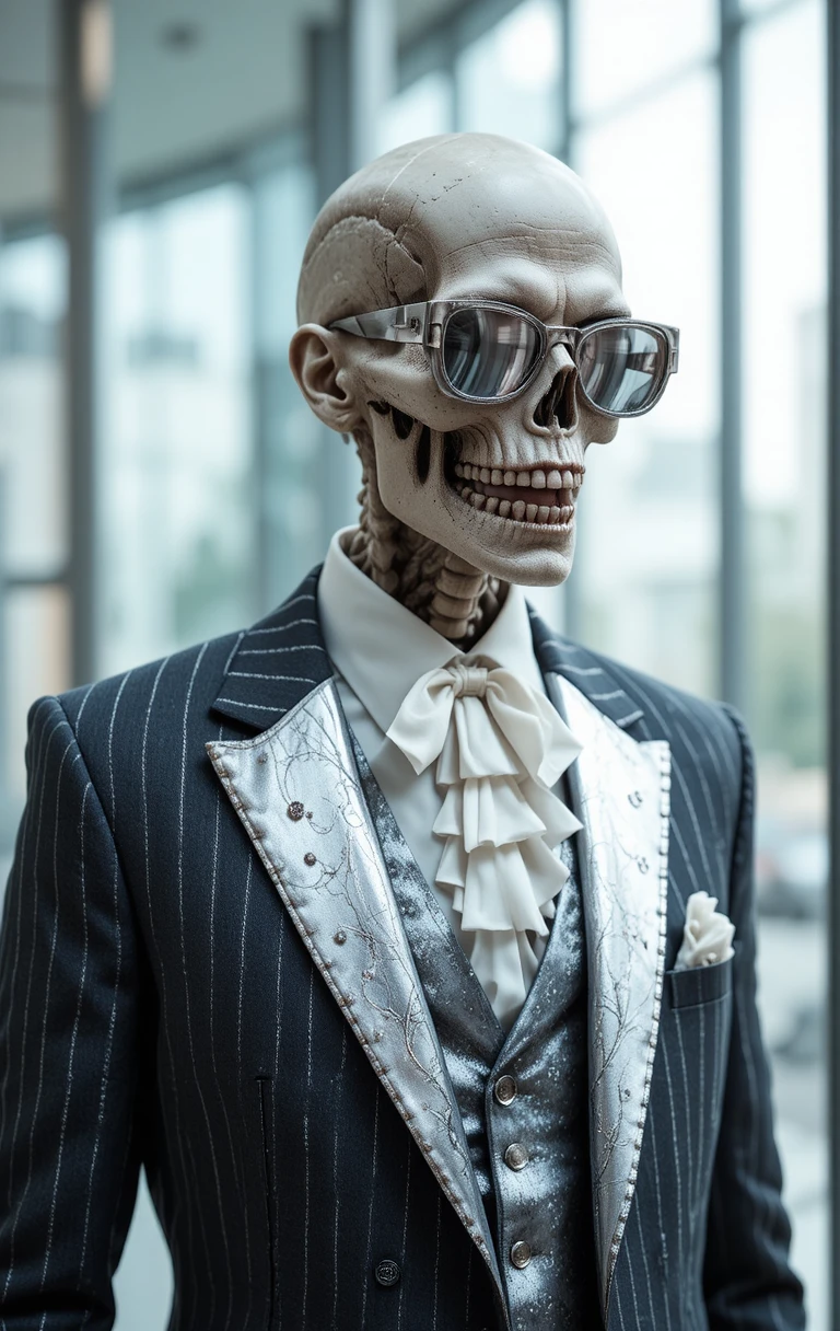 Stylish skeleton in pinstripe suit with mirrored glasses