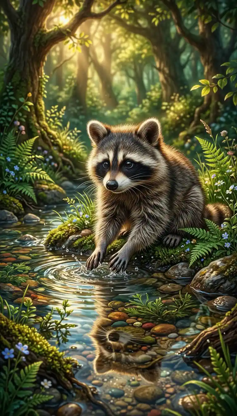 Cute raccoon playing in shallow forest stream close up