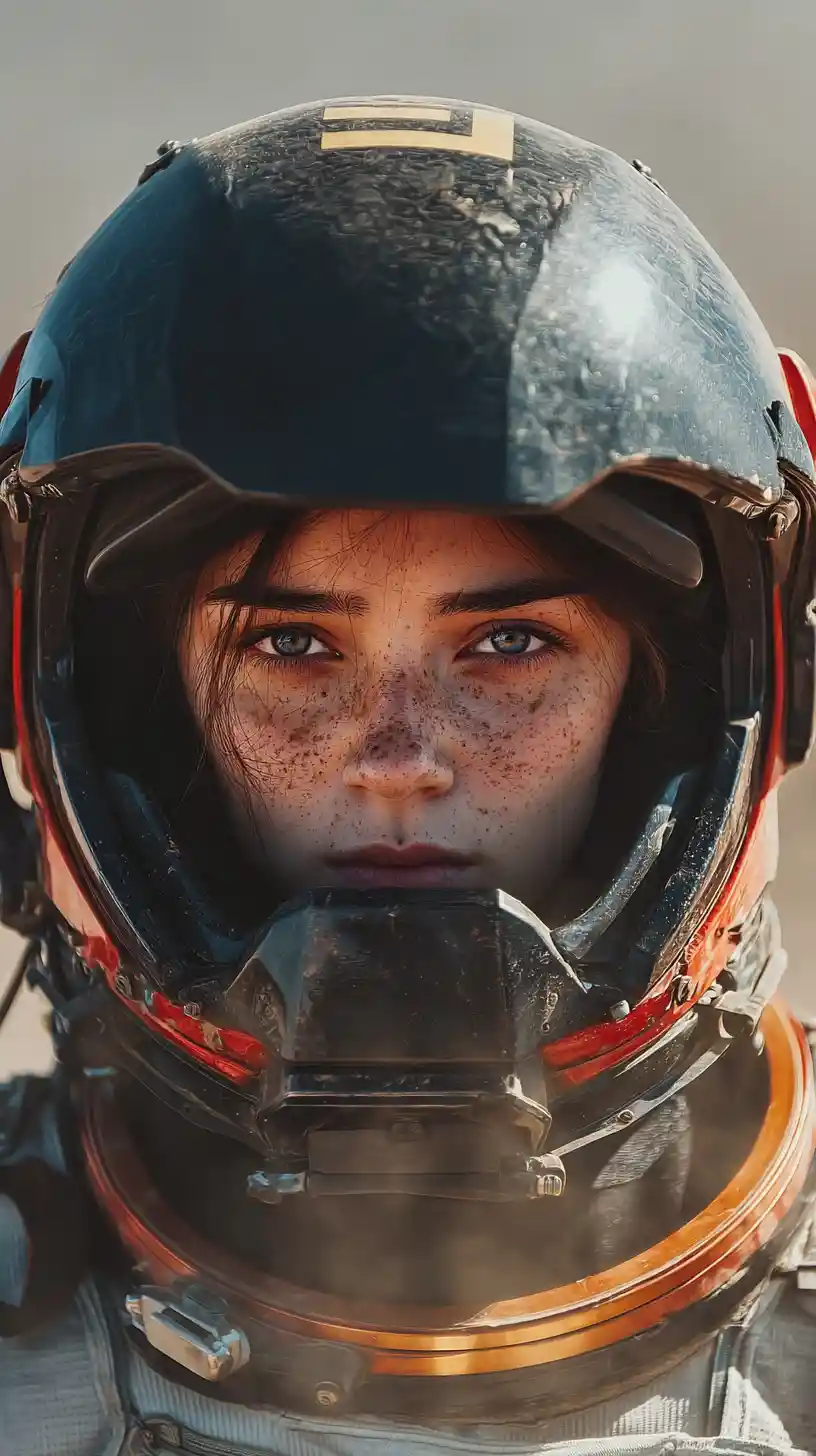 Female astronaut in black and red suit on alien world