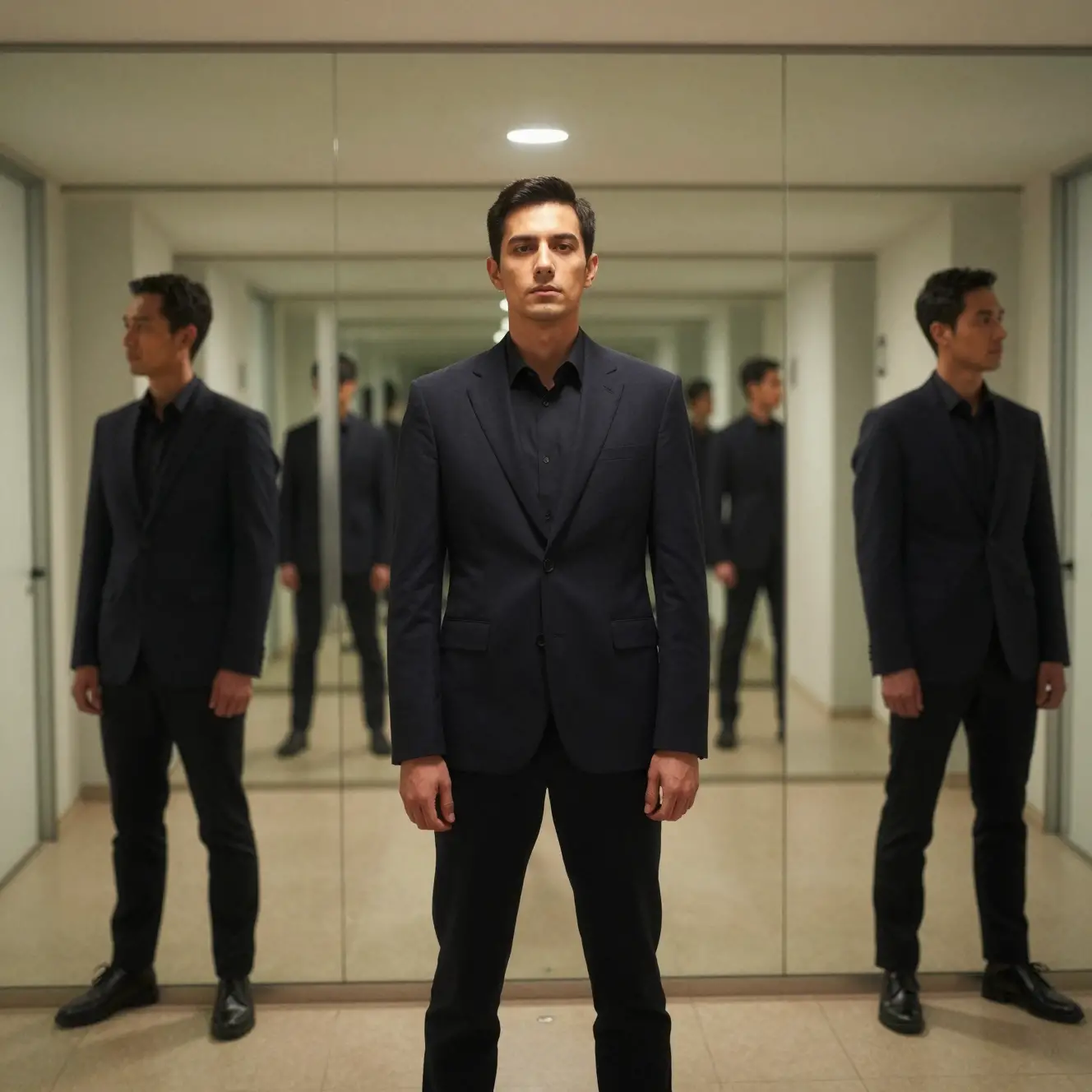 Endless mirrored hallway with a looming figure behind
