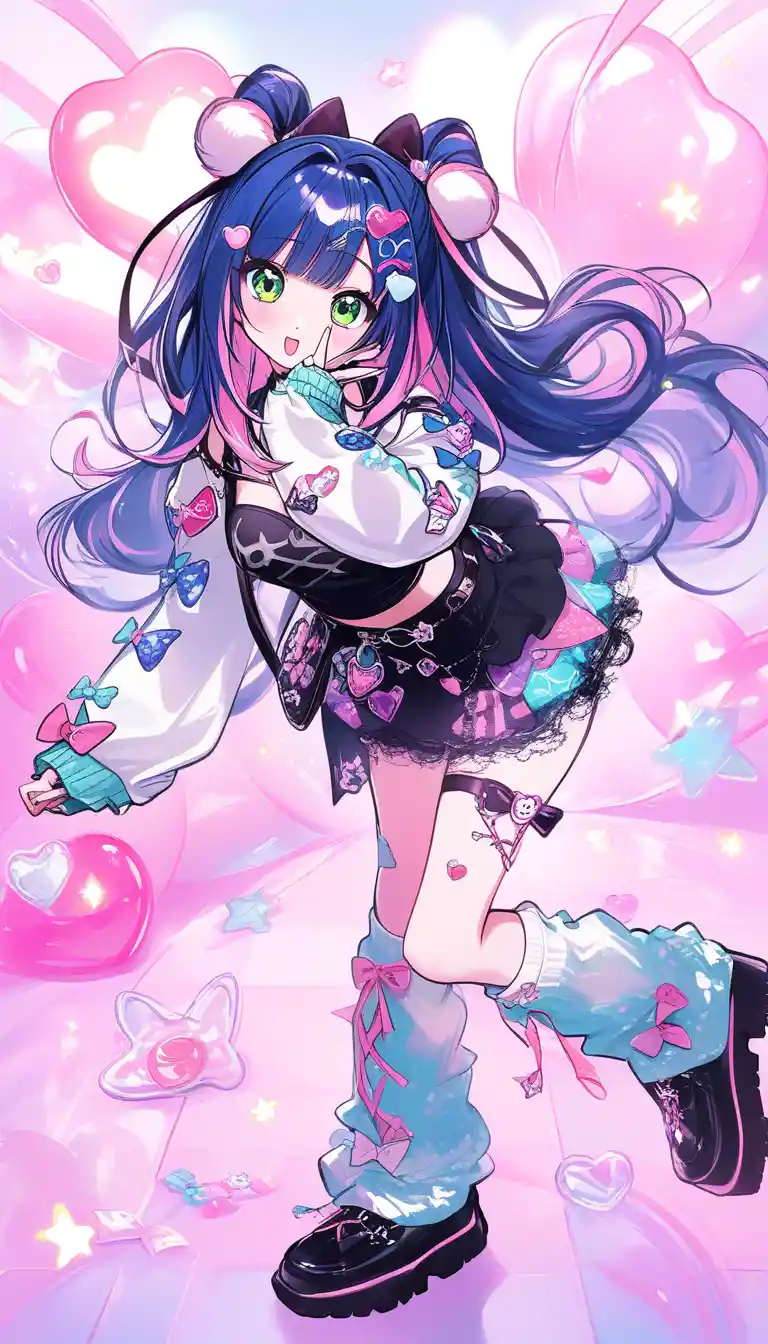Playful anime girl with blue hair and kawaii y2k outfit