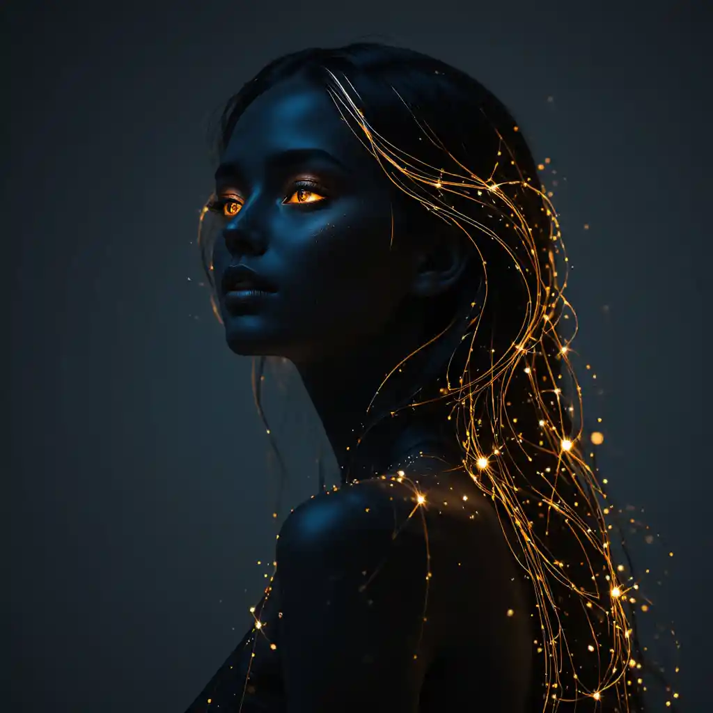 Elegant female silhouette with golden glowing contours