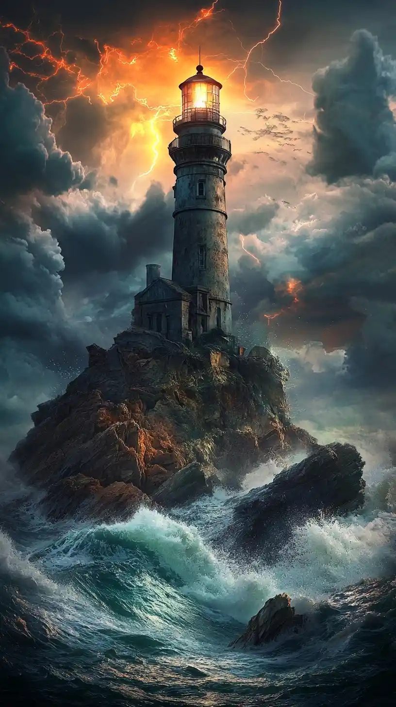 Gothic lighthouse on stormy sea cliffs at sunset