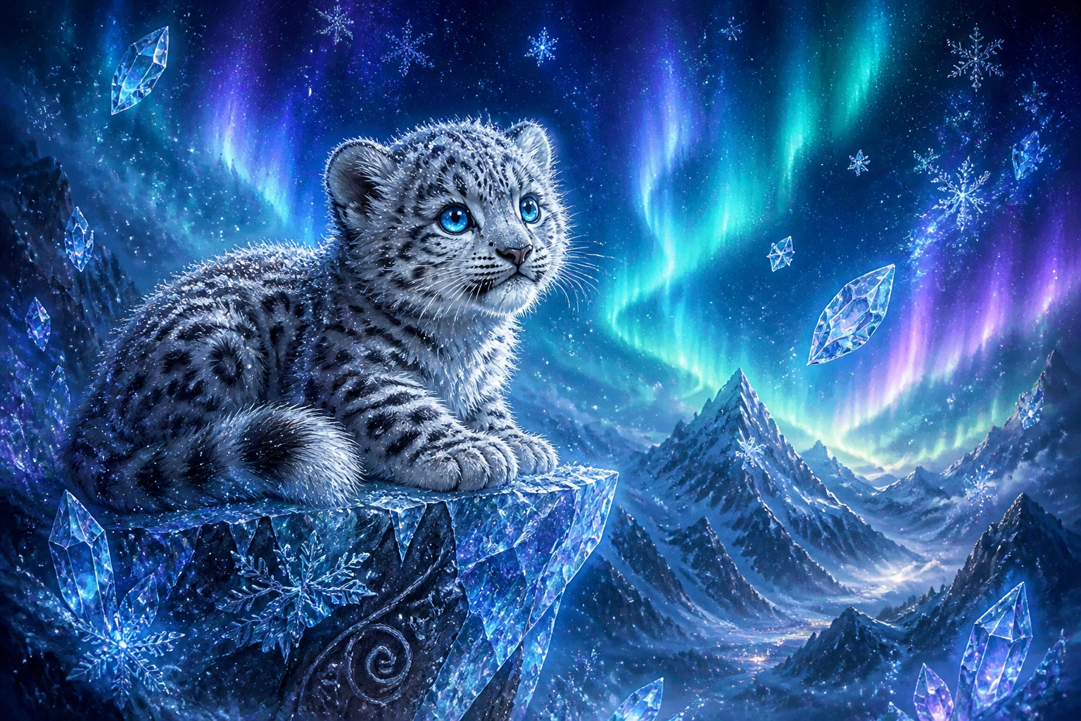Snow leopard cub on crystal ledge under aurora night sky