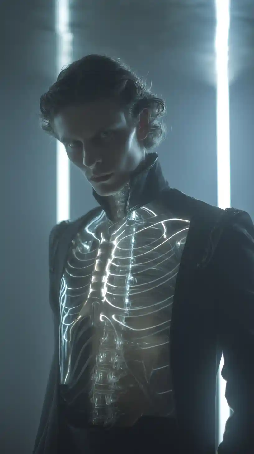 Man with glowing ribcage skeleton in dark fantasy portrait