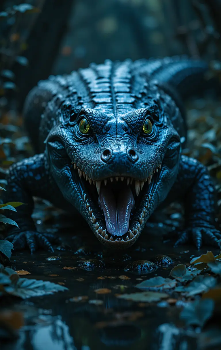 Bedrohlicher goldener Alligator kriecht durch blaue Sümpfe