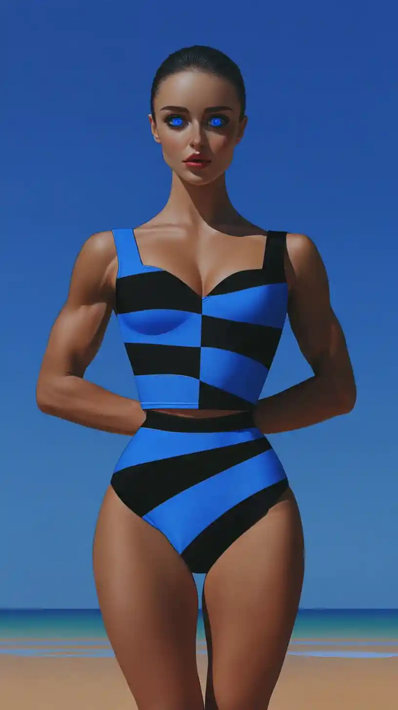 Athletic woman posing confidently on a sunlit beach