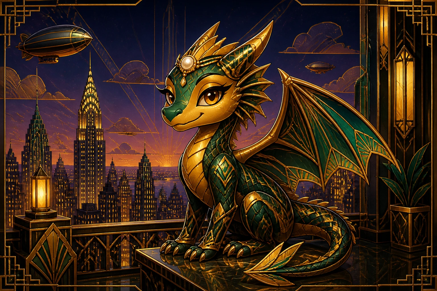 Elegant chibi dragon on art deco city balcony at twilight