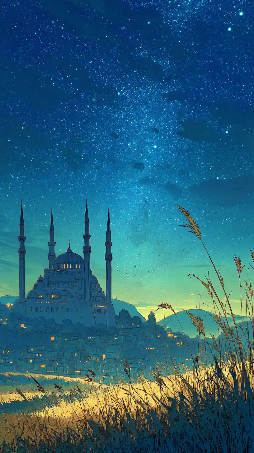 Moonlit mosque skyline above wheat fields under starry sky