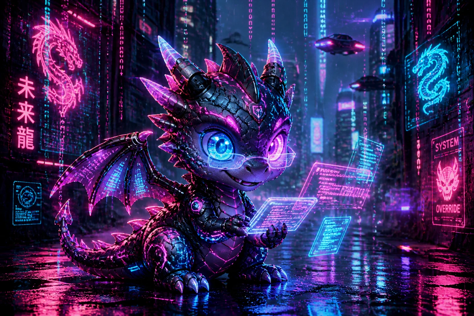 Cute cyberpunk dragon in neon lit rainy alley