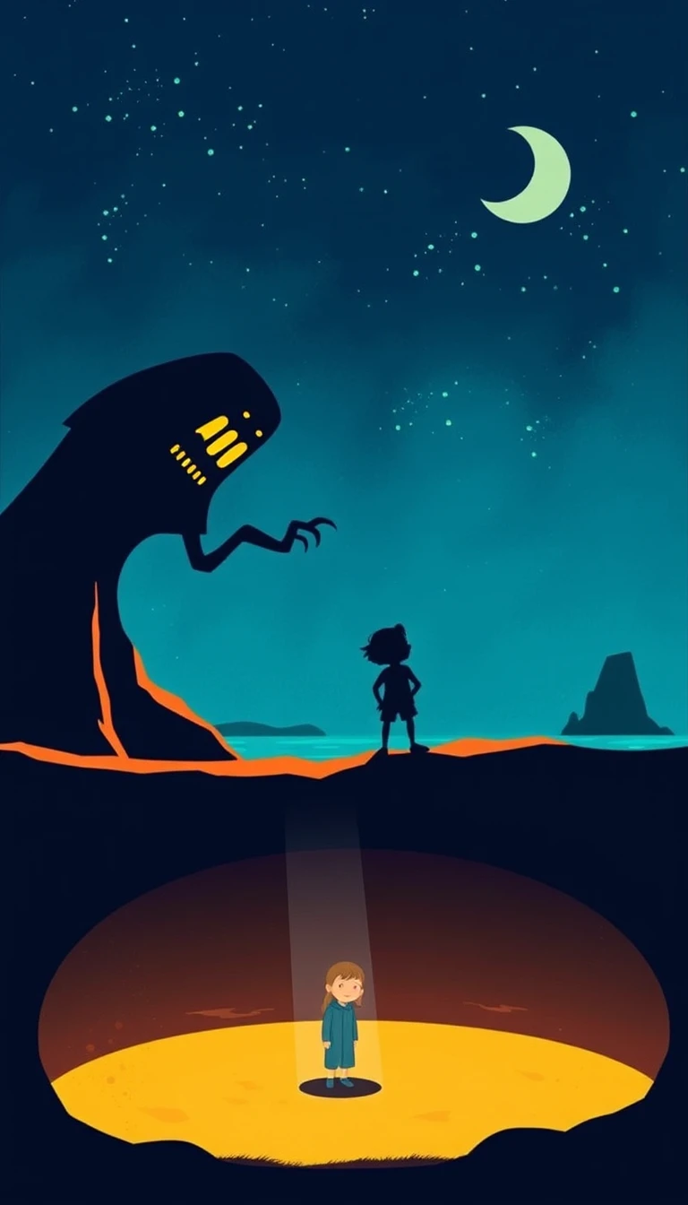 Child facing the mystery and darkness of the night sky