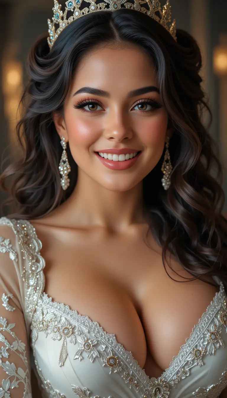 Glamorous woman with queen outfit and radiant smiling face