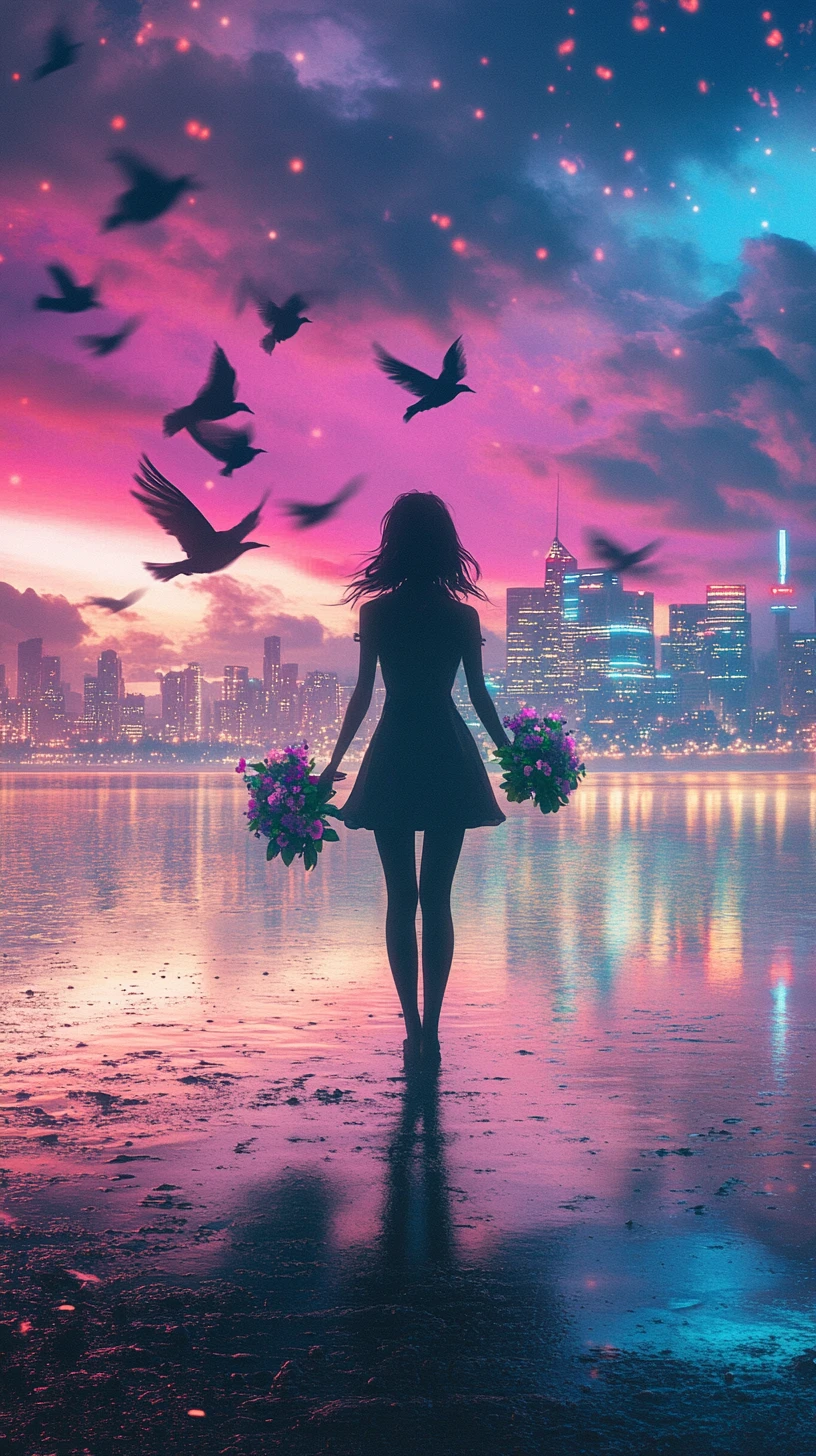 Solitary anime woman on neon shore facing distant city
