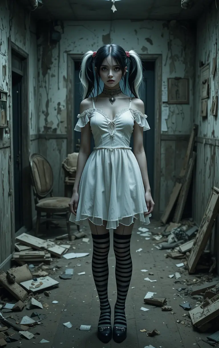 Gothic girl in white dress in creepy ruined room