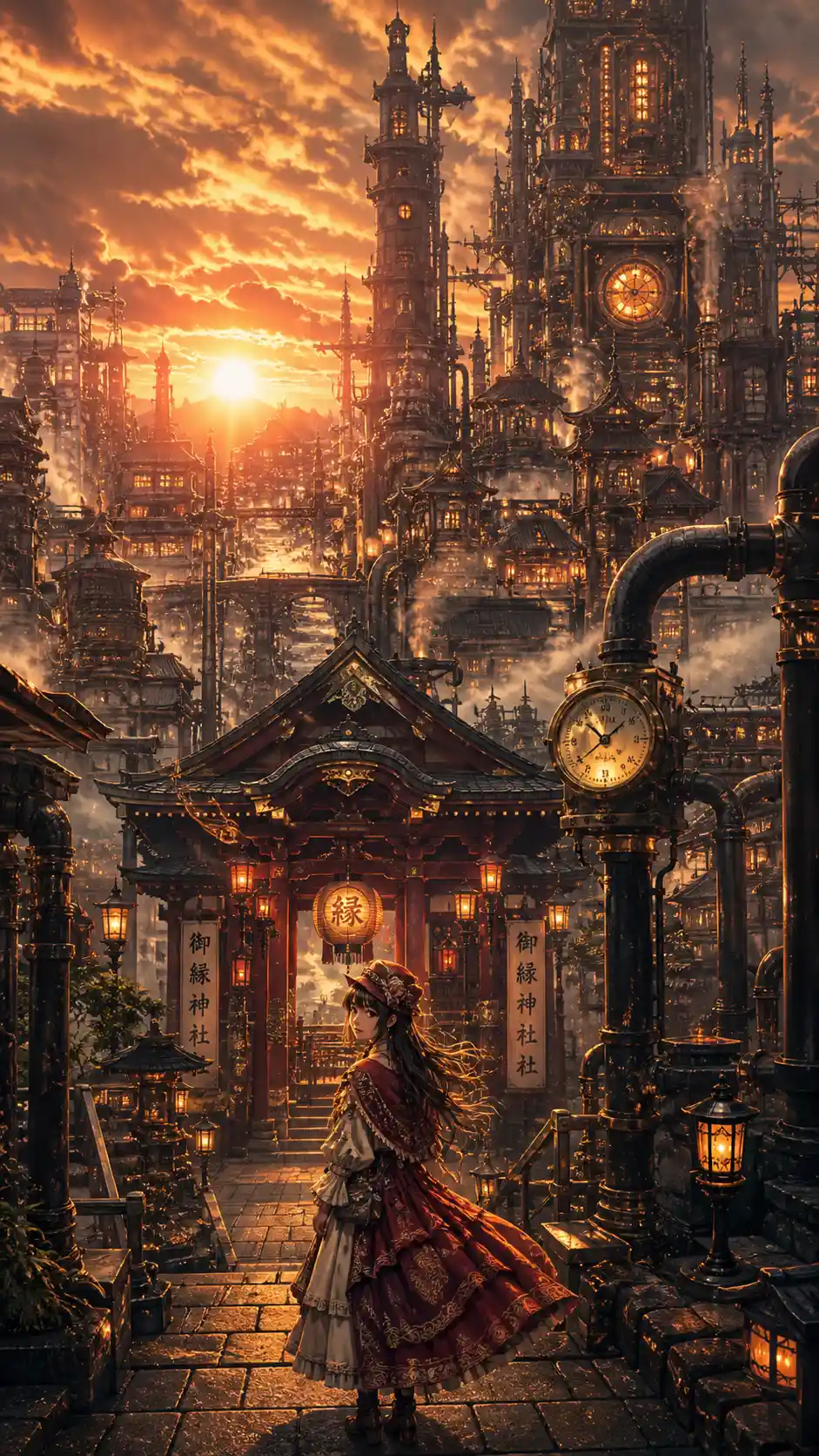 Steampunk cityscape with a lone woman by a glowing shrine