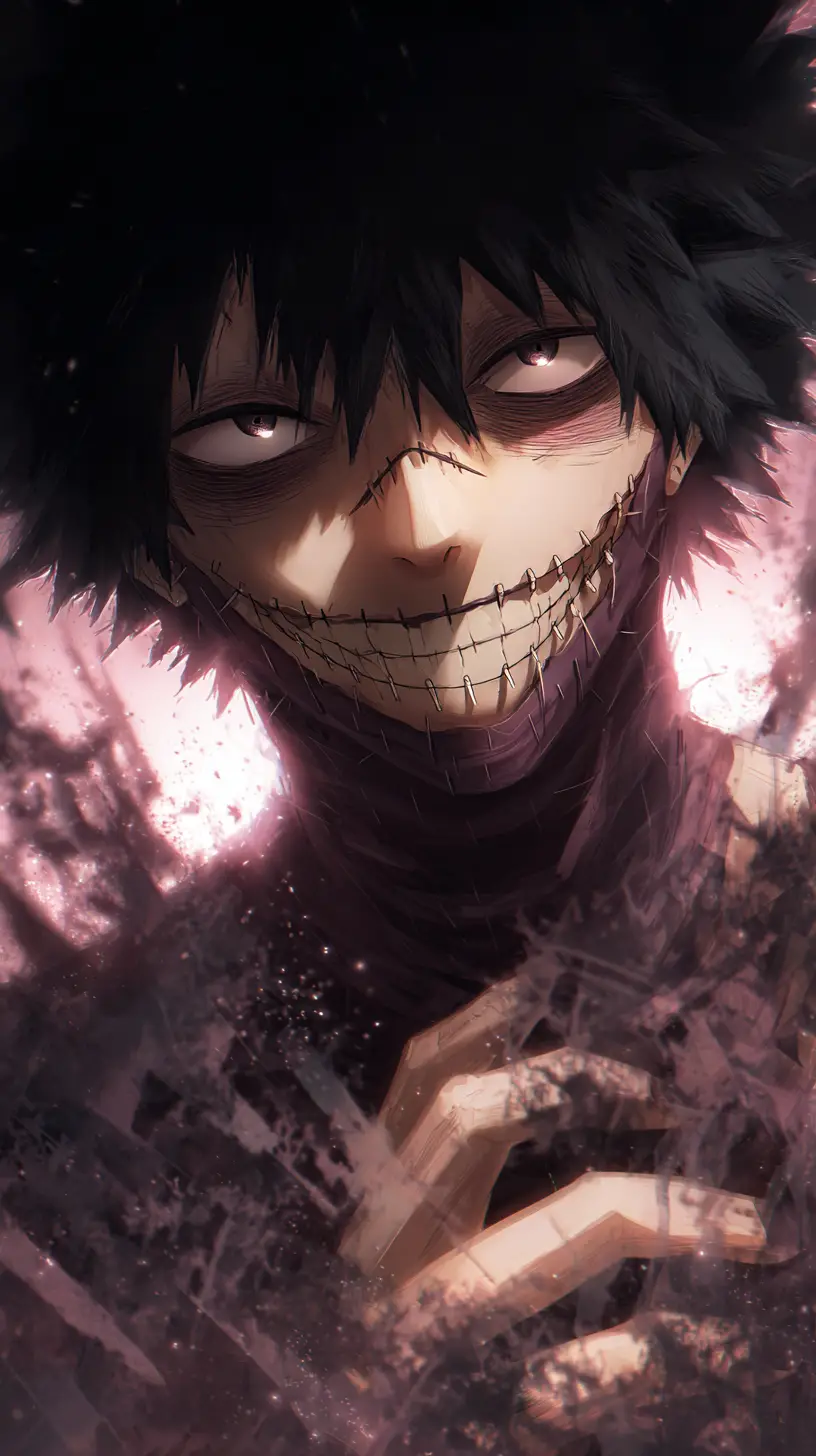 Sinister anime villain portrait with stapled scarred face