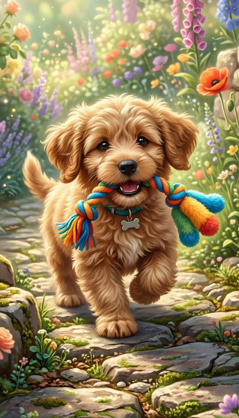 Playful puppy carrying toy on a bright garden path
