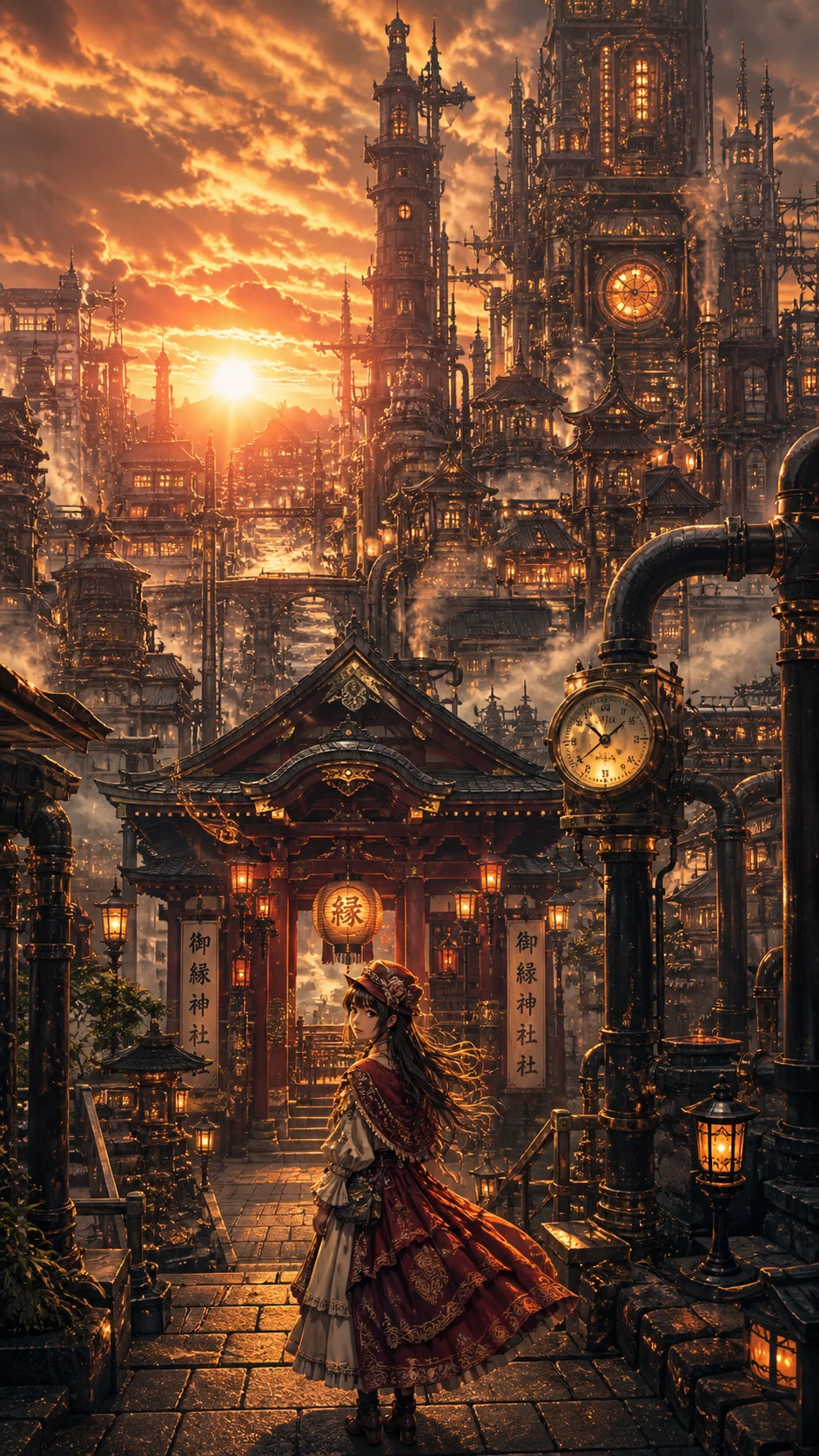 Steampunk cityscape with a lone woman by a glowing shrine