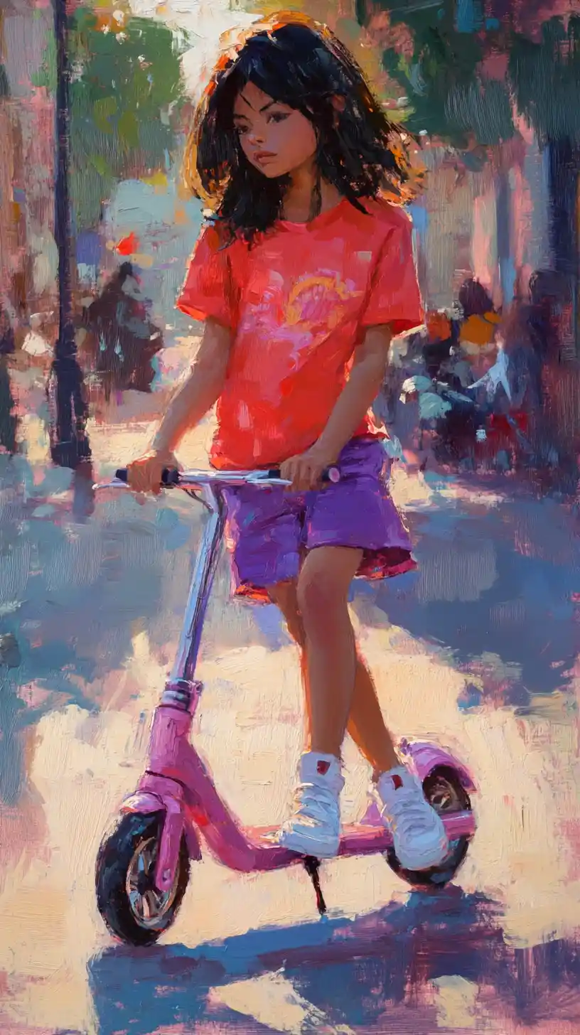 Young girl on pink scooter in sunlit impressionist street