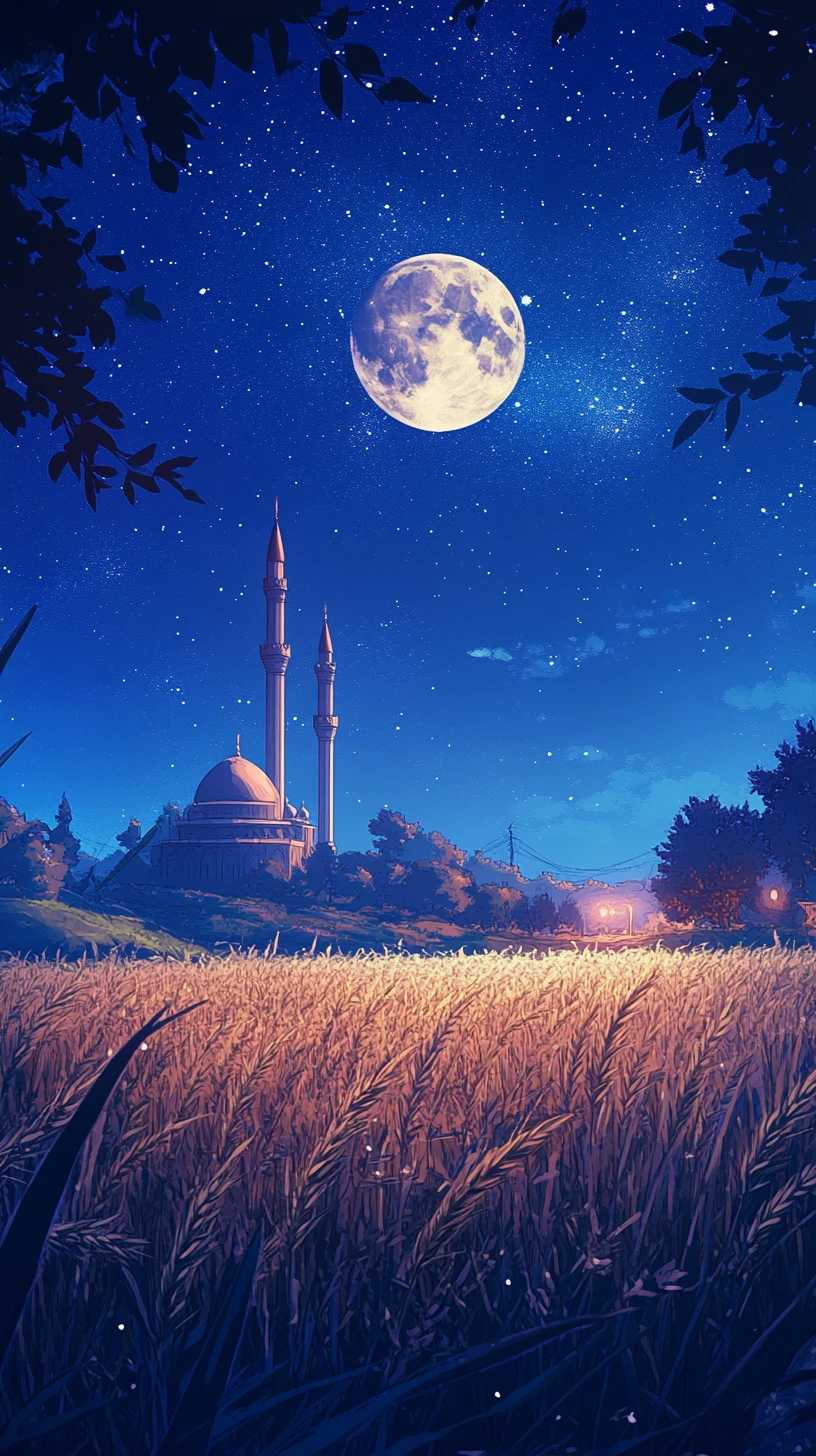 Moonlit mosque rising beyond a quiet wheat field