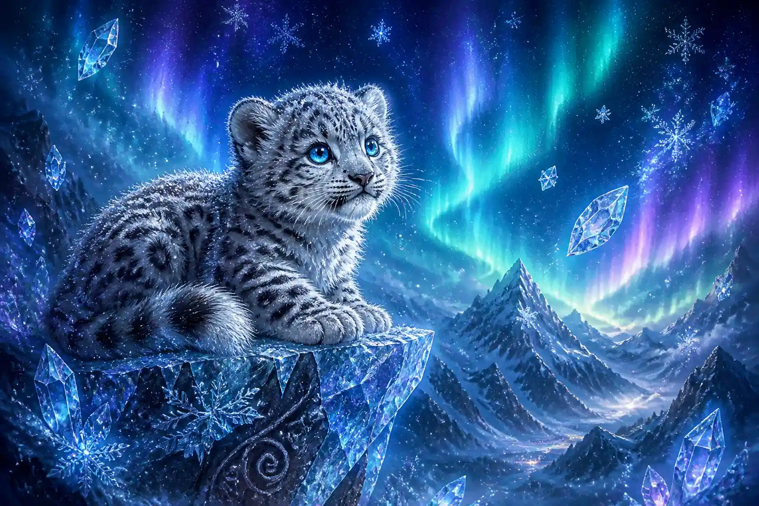 Snow leopard cub on crystal ledge under aurora night sky