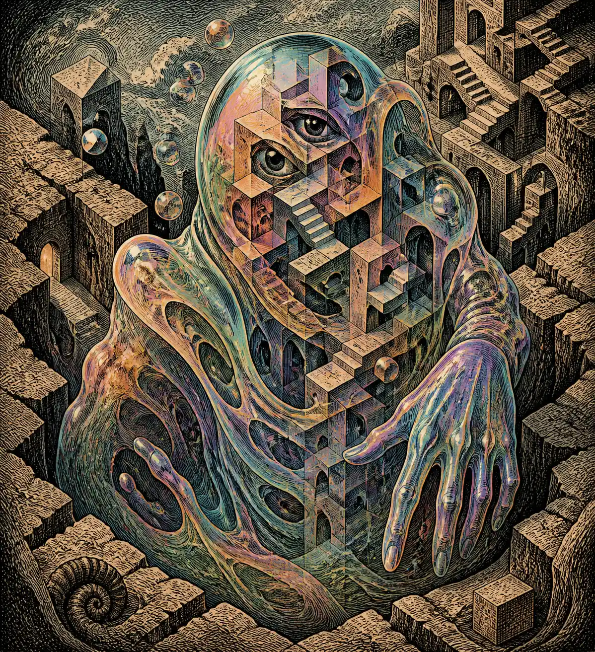 Surreal gelatinous entity rising from a fragmented earth