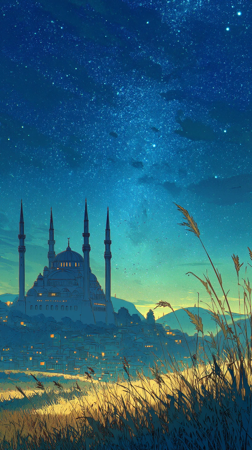 Moonlit mosque skyline above wheat fields under starry sky
