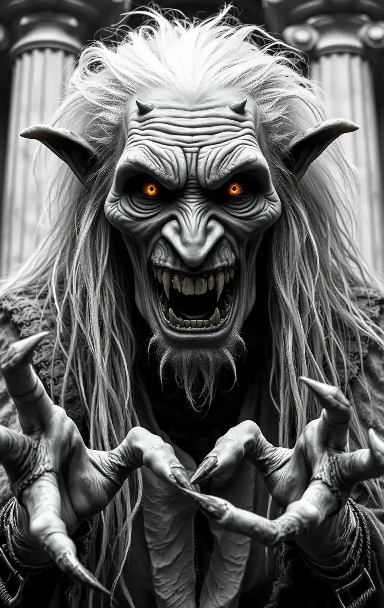 Creepy pale hag reaching forward before stone columns