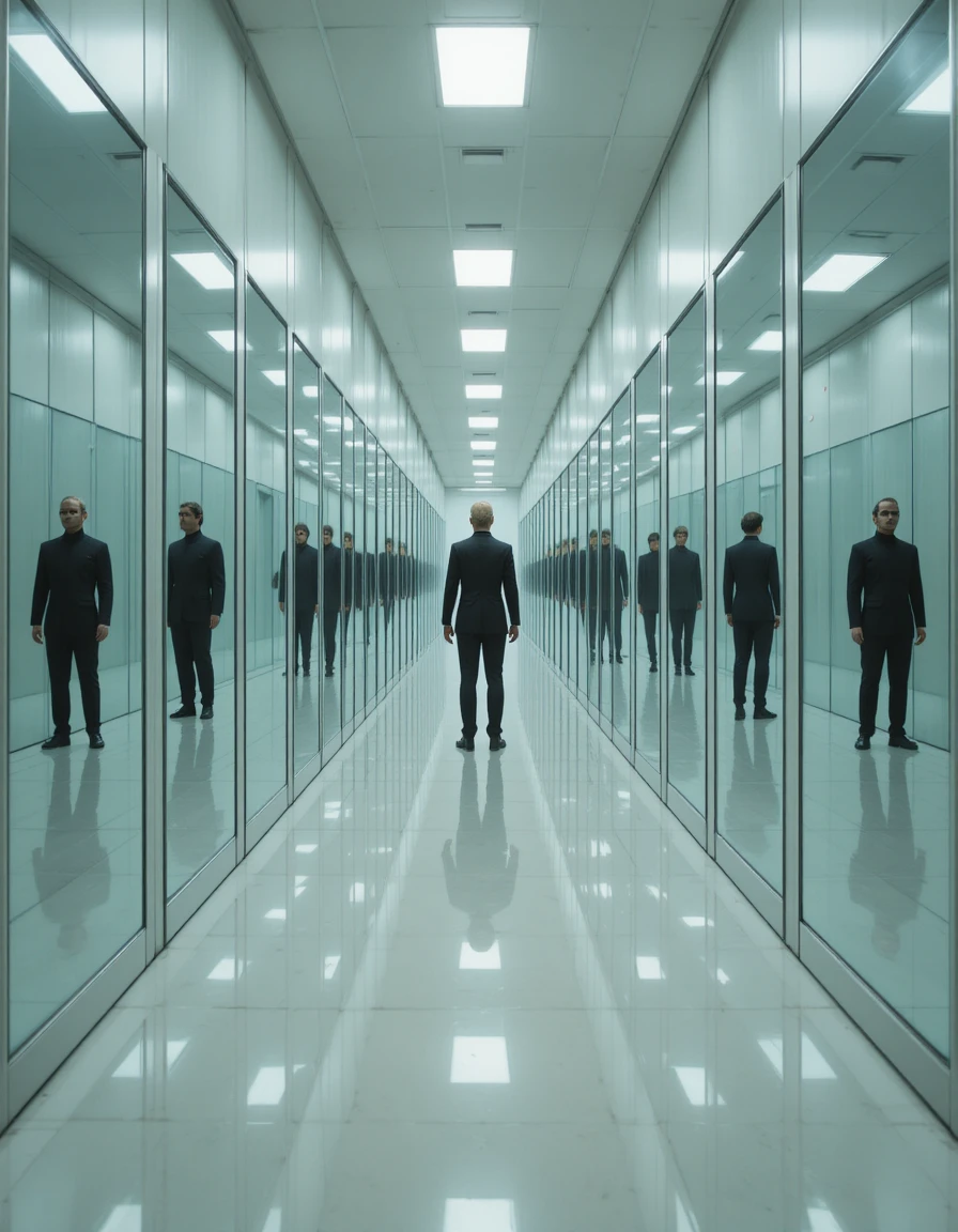 Endless mirrored hallway with a figure in every reflection