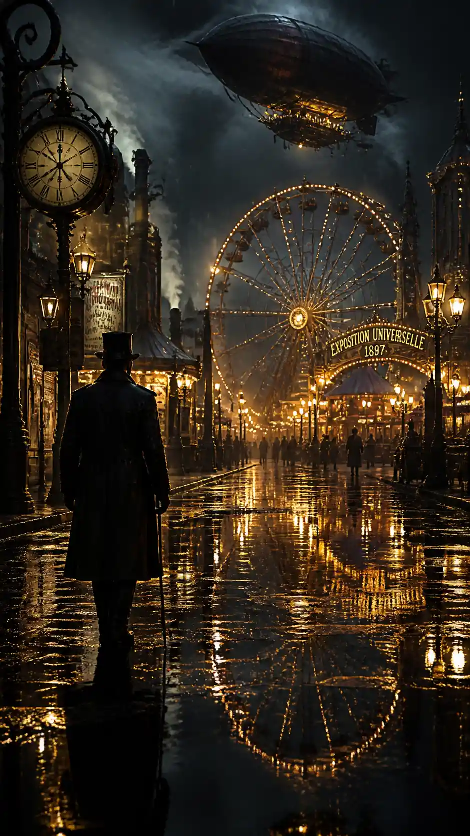 Cidade Steampunk Noturna Surreal com Poças de Chuva Refletivas