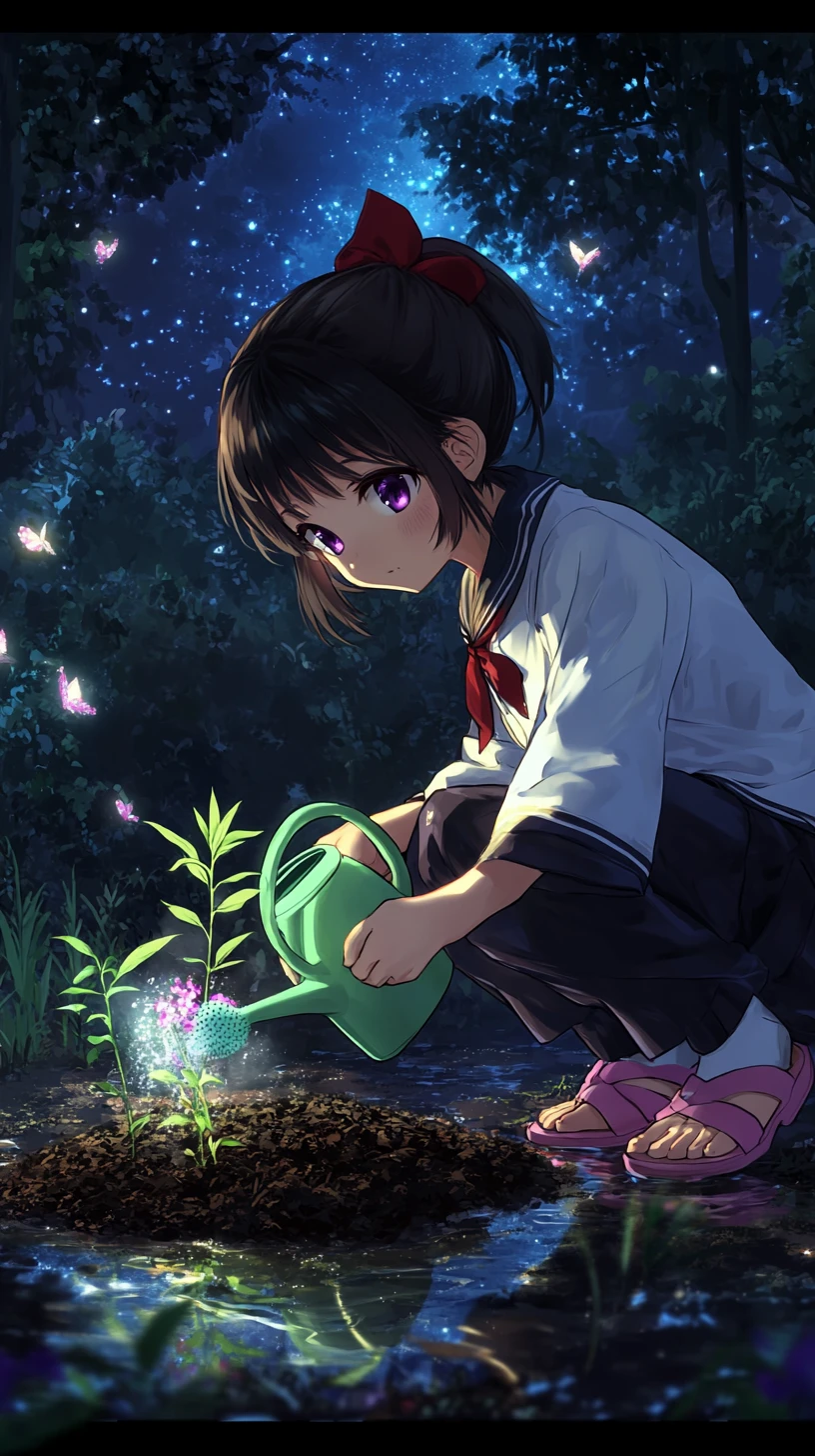 Anime girl watering a glowing plant in a mystical garden