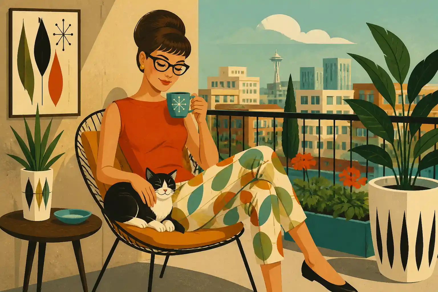 Young woman on balcony petting a cat with morning coffee