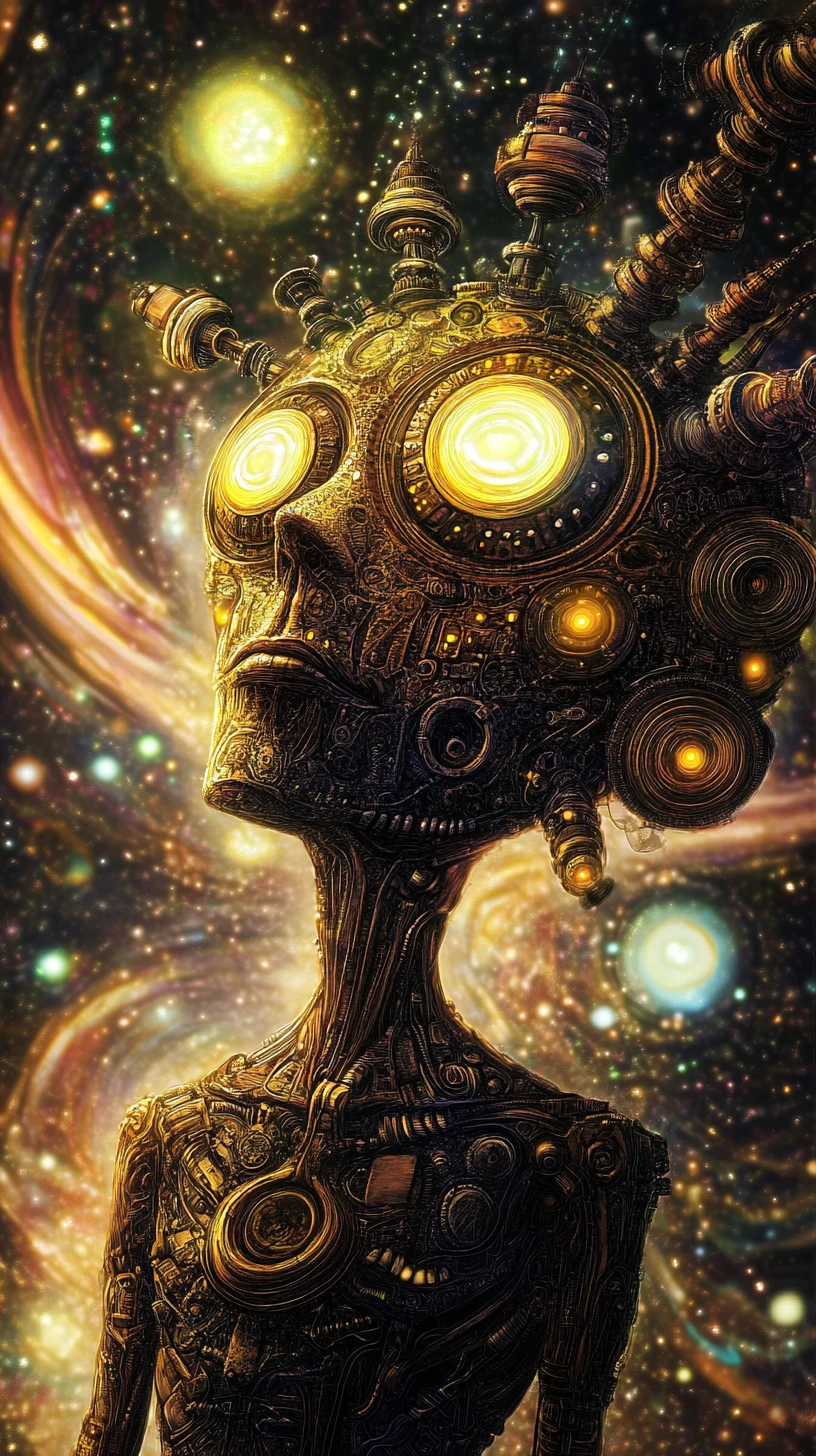 Twisted steampunk humanoid amid fluorescent cosmic vortex
