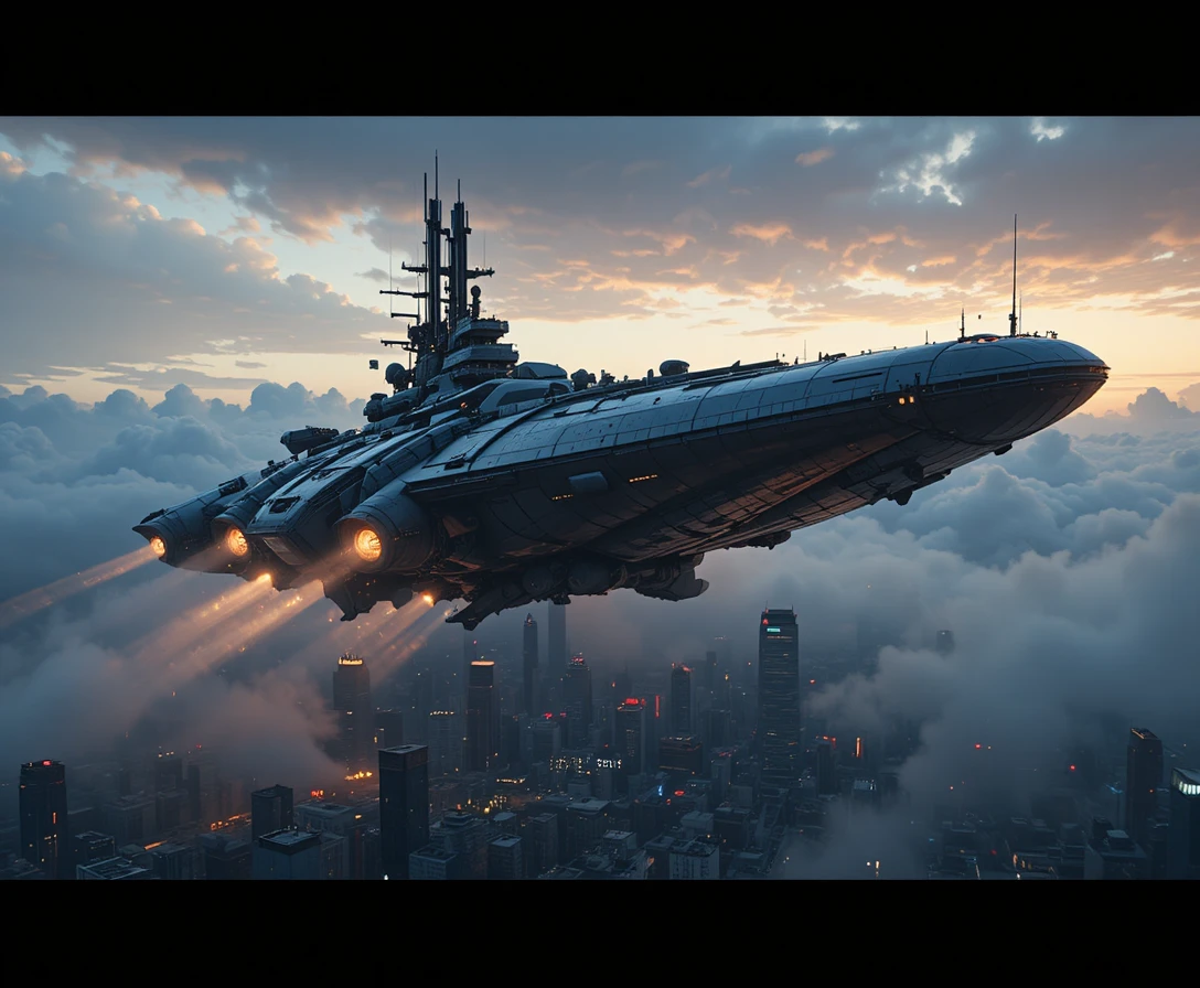 Futuristic warship hovering above a dense city at dusk