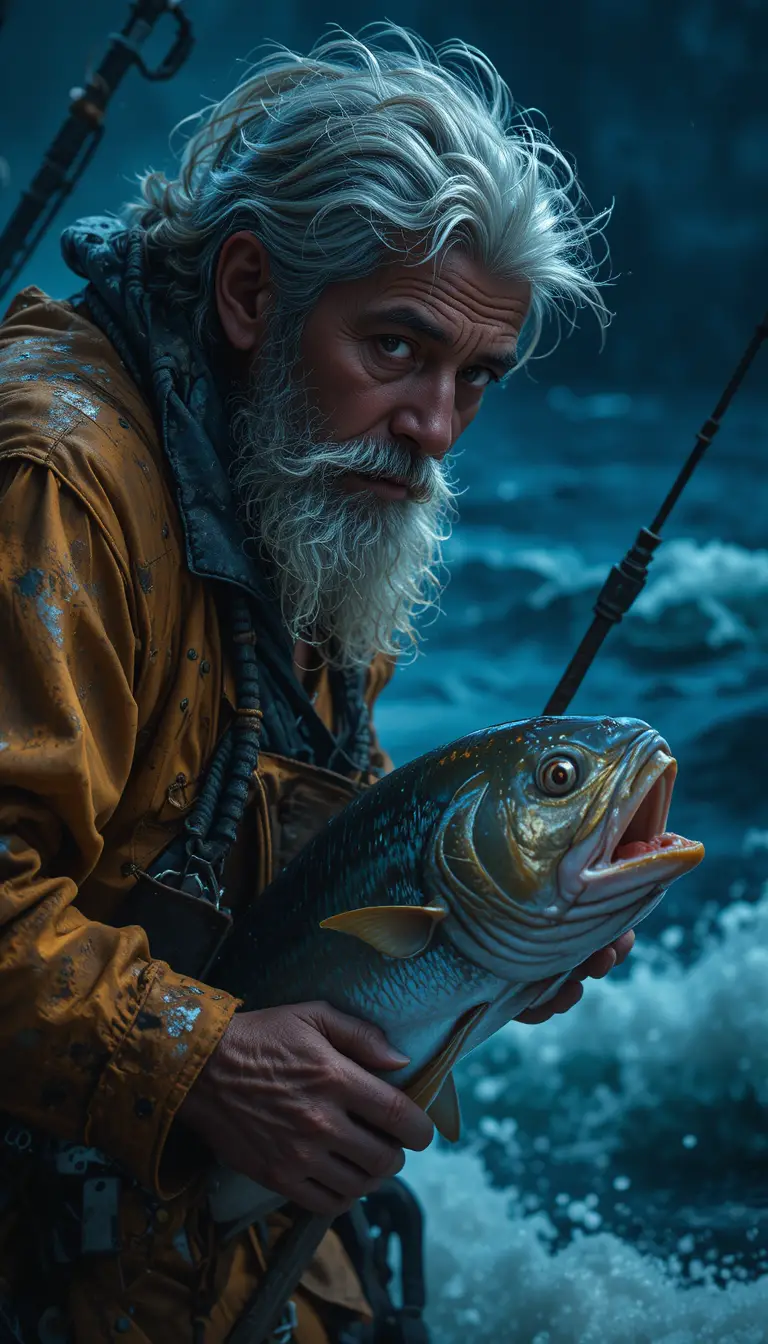 Old Cuban fisherman alone on the open sea at dusk